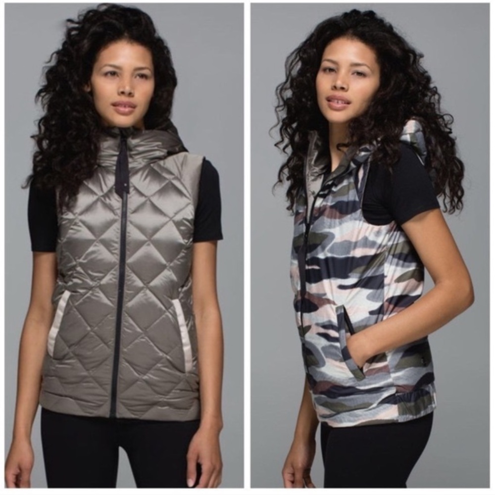Lululemon The Fluffiest Vest gold/camo with hoodie reversible